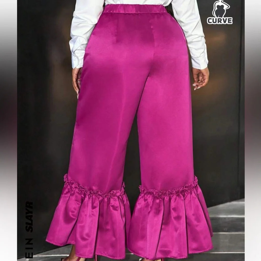 SHEIN Slayr Plus Size Women Solid Satin Elegant Flounced Hem Casual Pants
